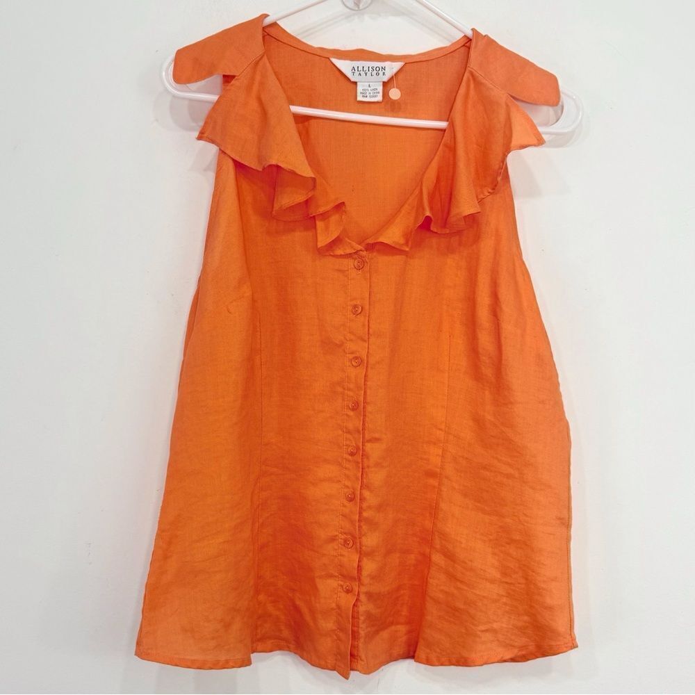 Allison Taylor Orange 100% Linen Ruffle Collar Sleeveless Button Up Blouse NEW